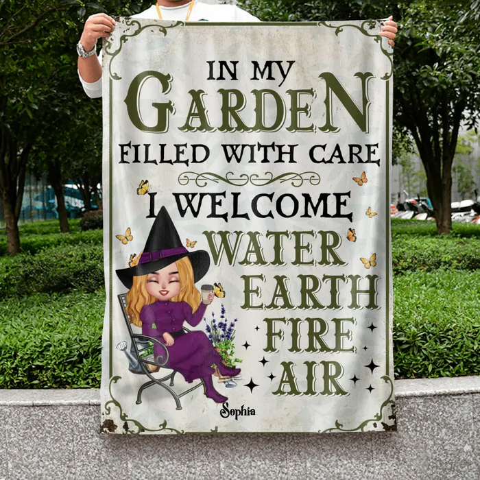 Personalized Garden Witch Flag Sign - Gift Idea For Halloween/Witch Lovers - In My Garden Filled With Care, I Welcome Water, Earth, Fire, Air