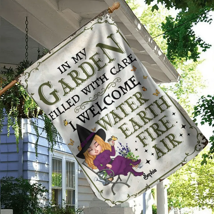 Personalized Garden Witch Flag Sign - Gift Idea For Halloween/Witch Lovers - In My Garden Filled With Care, I Welcome Water, Earth, Fire, Air