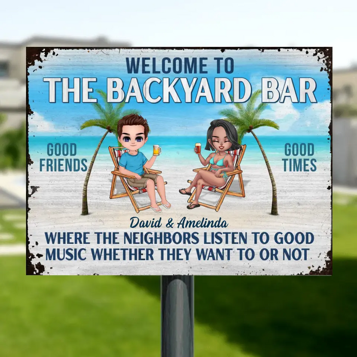Personalized Beach Couple Horizontal Metal Sign - Gift For Beach Lovers/Couple - Welcome To The Pool Bar Where The Neighbors Listen To Good Music Whether They Want To Or Not