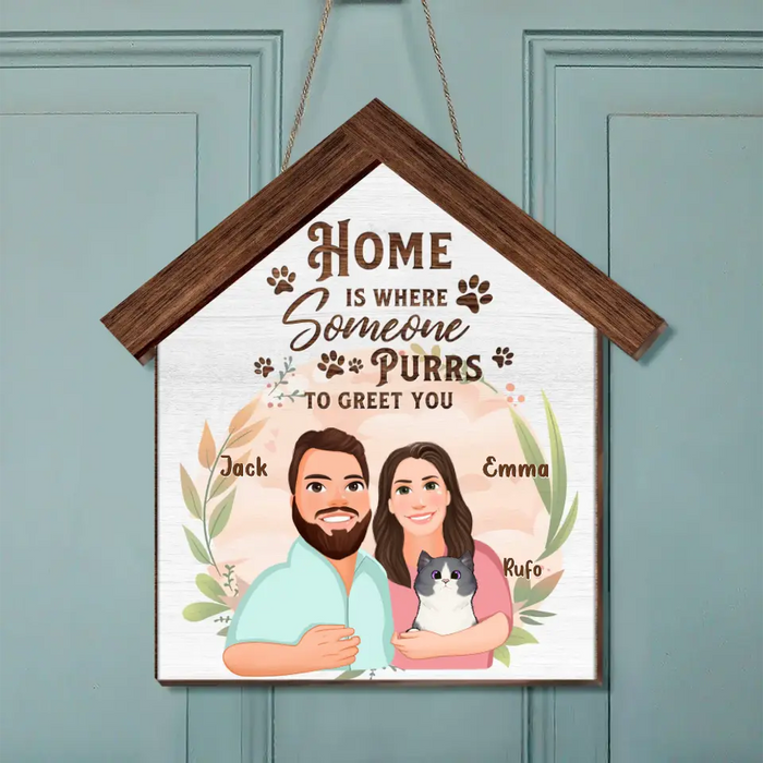 Personalized Cat Wooden Sign - Up to 6 Cats - Gift Idea For Couple/Cat Lovers - Home Is Where Someone Purrs To Greet You