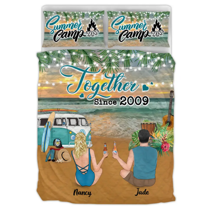Personalized Sunset Summer Beach Camping Quilt Bed Sets - Couple/Family With Up to 3 Kids And 3 Pets - Best Gift Idea For Camping/Dog/Cat Lover - Together Since 2009