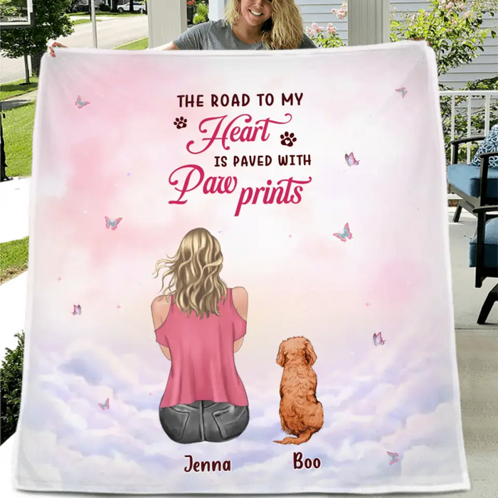 Personalized Dog Mom Pillow Cover/Quilt/Fleece Throw Blanket - Up to 5 Dogs - Gift Idea For Dog Lovers - The Road To My Heart Is Paved With Paw Prints