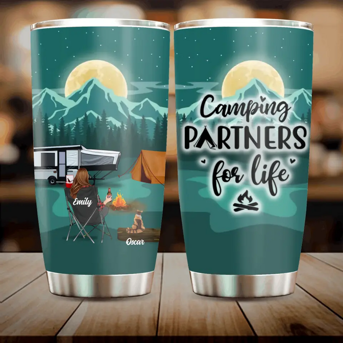 Personalized Night Camping Tumbler - Man/Woman/Couple/Parents With Up to 2 Kids And 4 Pets - Gift For Camping Lover - Camping Partners For Life