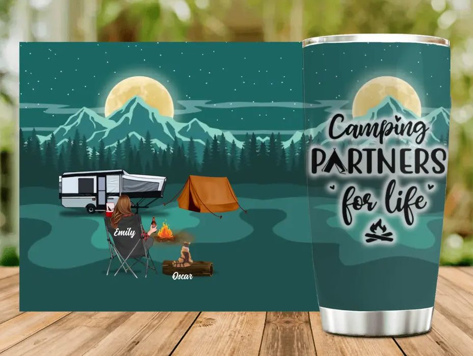 Personalized Night Camping Tumbler - Man/Woman/Couple/Parents With Up to 2 Kids And 4 Pets - Gift For Camping Lover - Camping Partners For Life