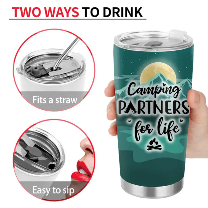 Personalized Night Camping Tumbler - Man/Woman/Couple/Parents With Up to 2 Kids And 4 Pets - Gift For Camping Lover - Camping Partners For Life
