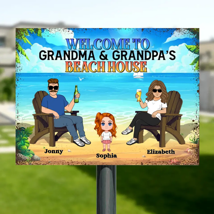 Personalized Grandparent Metal Sign - Up to 6 Kids - Gift Idea For Grandma/Grandpa - Welcome To Grandma & Grandpa's Beach House
