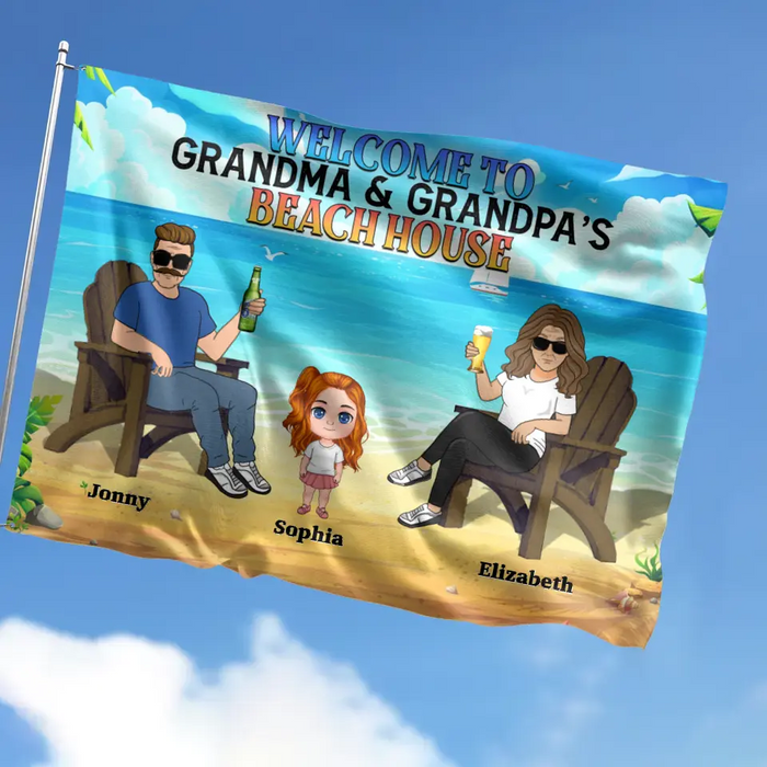 Personalized Grandparent Flag - Up to 6 Kids - Gift Idea For Grandma/Grandpa - Welcome To Grandma & Grandpa's Beach House
