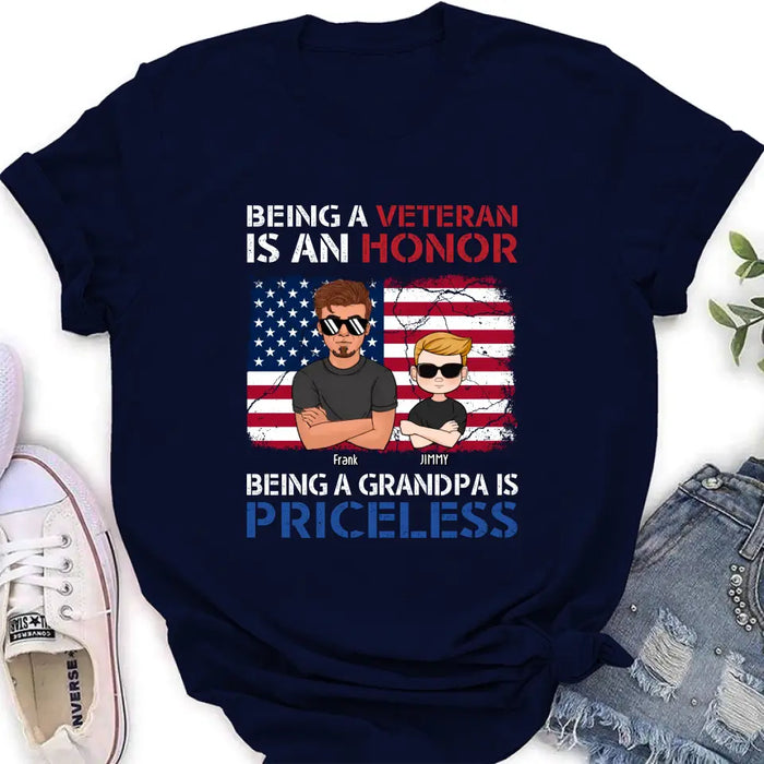 Personalized Veteran Shirt - Up to 4 Grandkids - Gift Idea for Grandpa/Veteran - Being A Veteran Is An Honor Being A Grandpa Is Priceless