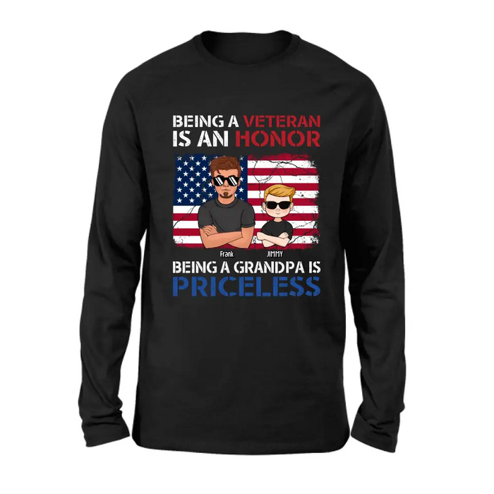 Personalized Veteran Shirt - Up to 4 Grandkids - Gift Idea for Grandpa/Veteran - Being A Veteran Is An Honor Being A Grandpa Is Priceless