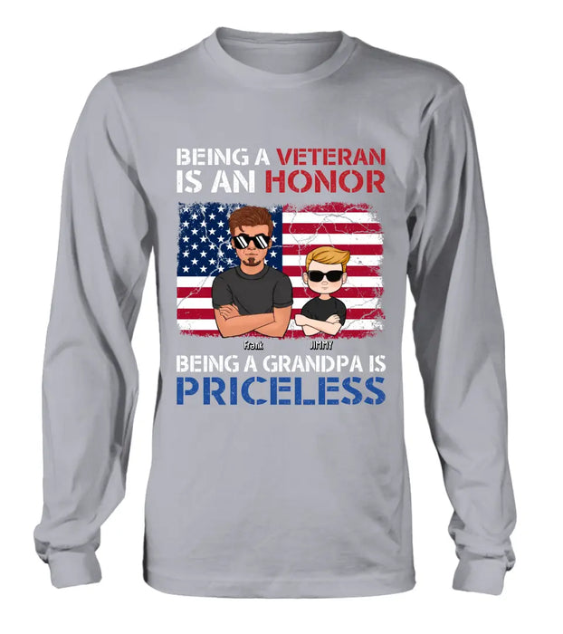 Personalized Veteran Shirt - Up to 4 Grandkids - Gift Idea for Grandpa/Veteran - Being A Veteran Is An Honor Being A Grandpa Is Priceless