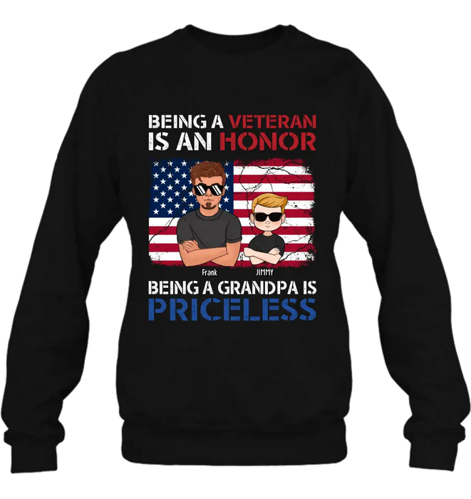 Personalized Veteran Shirt - Up to 4 Grandkids - Gift Idea for Grandpa/Veteran - Being A Veteran Is An Honor Being A Grandpa Is Priceless