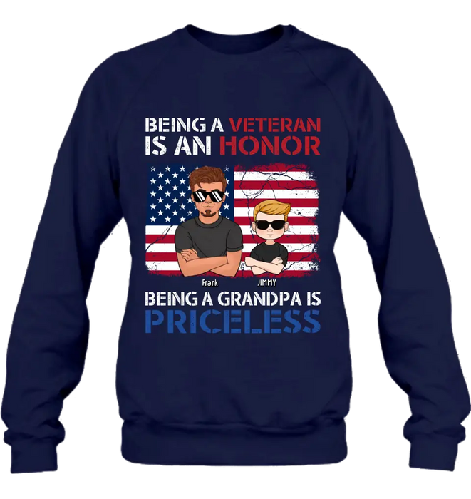 Personalized Veteran Shirt - Up to 4 Grandkids - Gift Idea for Grandpa/Veteran - Being A Veteran Is An Honor Being A Grandpa Is Priceless