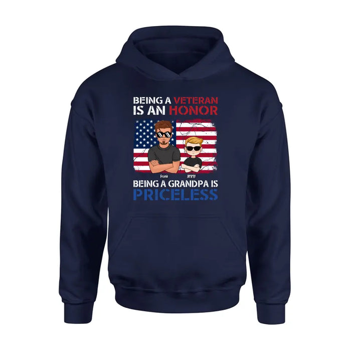 Personalized Veteran Shirt - Up to 4 Grandkids - Gift Idea for Grandpa/Veteran - Being A Veteran Is An Honor Being A Grandpa Is Priceless