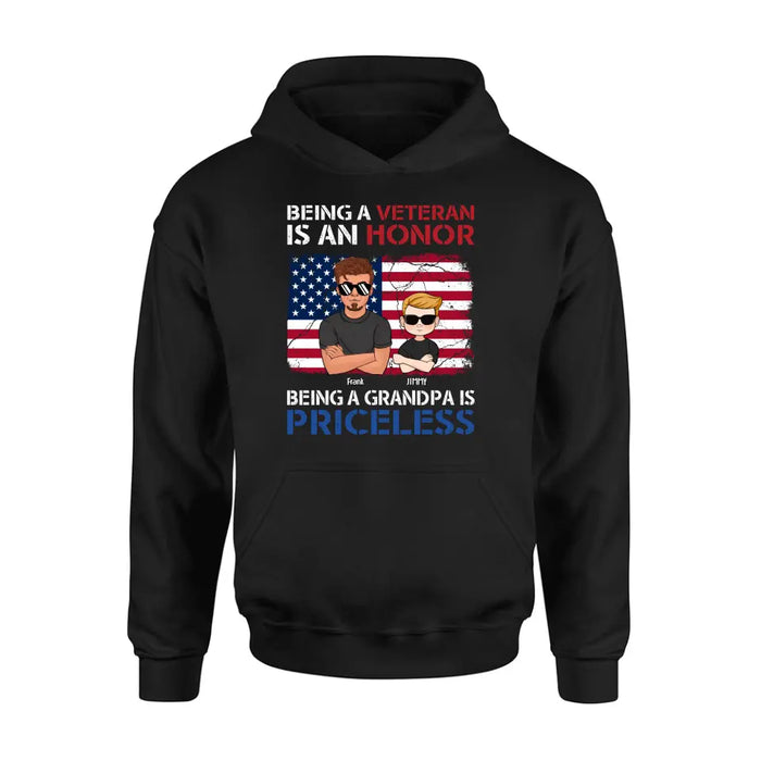 Personalized Veteran Shirt - Up to 4 Grandkids - Gift Idea for Grandpa/Veteran - Being A Veteran Is An Honor Being A Grandpa Is Priceless