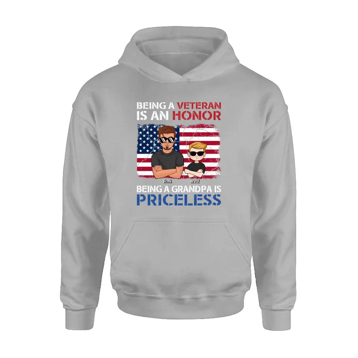Personalized Veteran Shirt - Up to 4 Grandkids - Gift Idea for Grandpa/Veteran - Being A Veteran Is An Honor Being A Grandpa Is Priceless