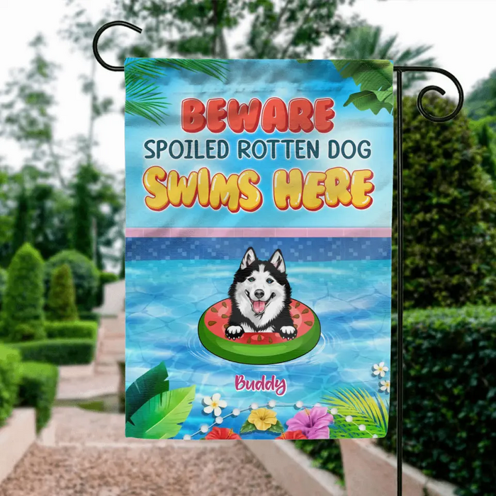 Personalized Dog Flag - Up to 6 Dogs - Gift Idea for Dog Lovers - Beware Spoiled Rotten Dog Swims Here
