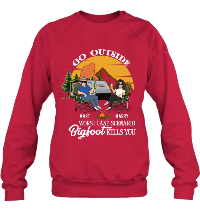 Personalized Couple Camping Shirt/Pullover Hoodie/Long sleeve/Sweatshirt - Gift Idea For Camping Lover - Go Outside Worst Case Scenario Bigfoot Kills You