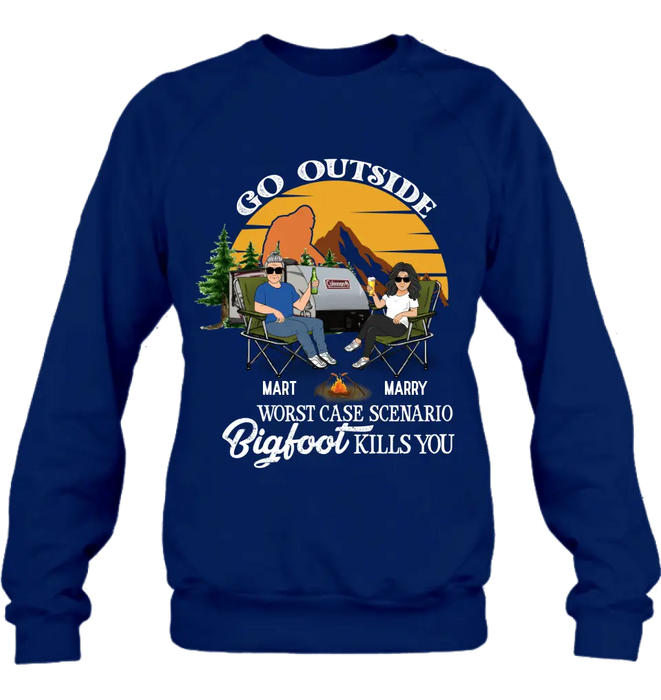 Personalized Couple Camping Shirt/Pullover Hoodie/Long sleeve/Sweatshirt - Gift Idea For Camping Lover - Go Outside Worst Case Scenario Bigfoot Kills You