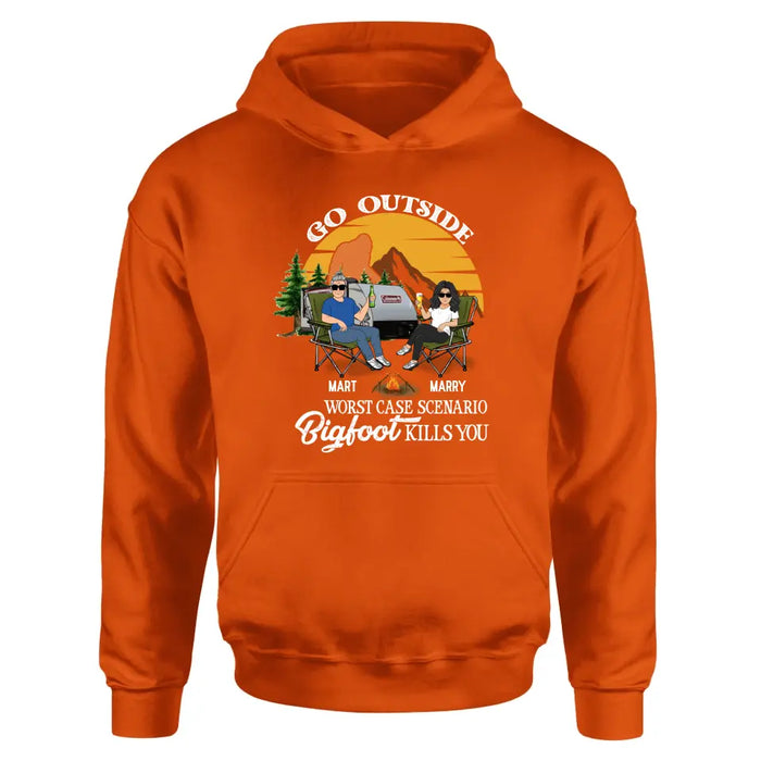 Personalized Couple Camping Shirt/Pullover Hoodie/Long sleeve/Sweatshirt - Gift Idea For Camping Lover - Go Outside Worst Case Scenario Bigfoot Kills You