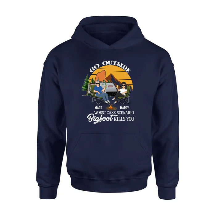 Personalized Couple Camping Shirt/Pullover Hoodie/Long sleeve/Sweatshirt - Gift Idea For Camping Lover - Go Outside Worst Case Scenario Bigfoot Kills You