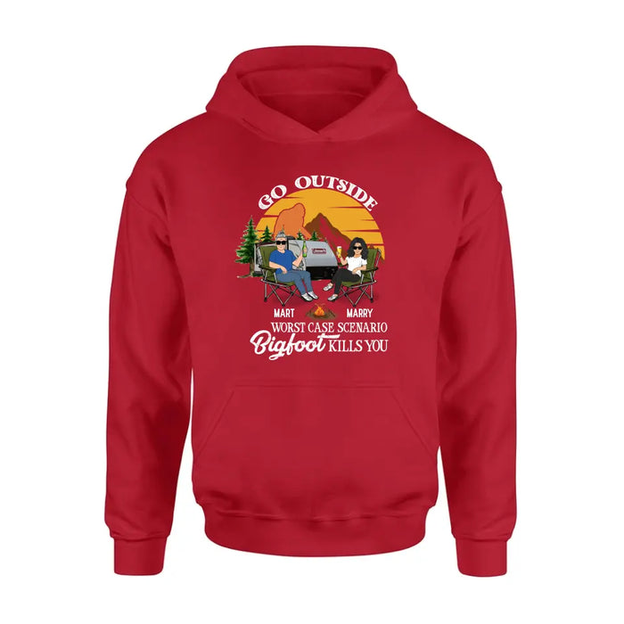 Personalized Couple Camping Shirt/Pullover Hoodie/Long sleeve/Sweatshirt - Gift Idea For Camping Lover - Go Outside Worst Case Scenario Bigfoot Kills You
