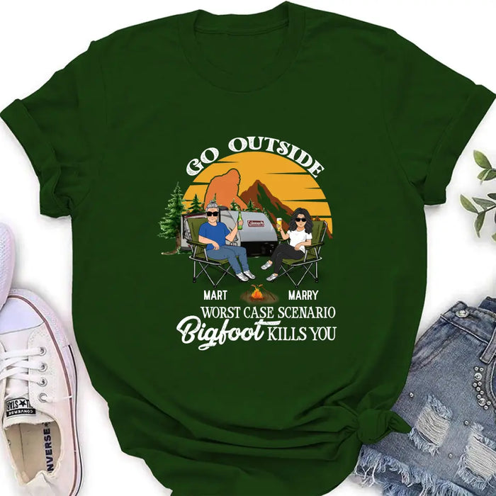Personalized Couple Camping Shirt/Pullover Hoodie/Long sleeve/Sweatshirt - Gift Idea For Camping Lover - Go Outside Worst Case Scenario Bigfoot Kills You