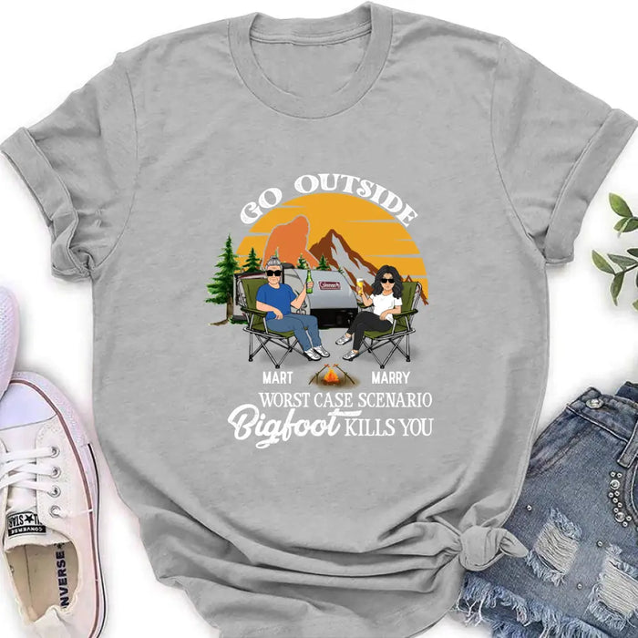 Personalized Couple Camping Shirt/Pullover Hoodie/Long sleeve/Sweatshirt - Gift Idea For Camping Lover - Go Outside Worst Case Scenario Bigfoot Kills You