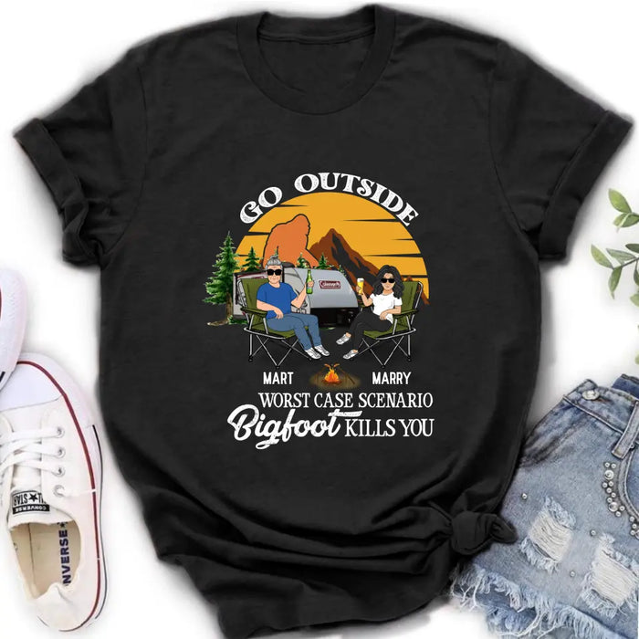 Personalized Couple Camping Shirt/Pullover Hoodie/Long sleeve/Sweatshirt - Gift Idea For Camping Lover - Go Outside Worst Case Scenario Bigfoot Kills You
