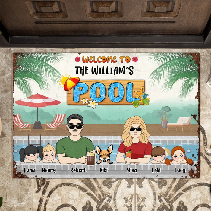 Personalized Family Doormat - Gift Idea For Family/Dog Lover - Up to 4 Kids - Welcome To The William's Pool
