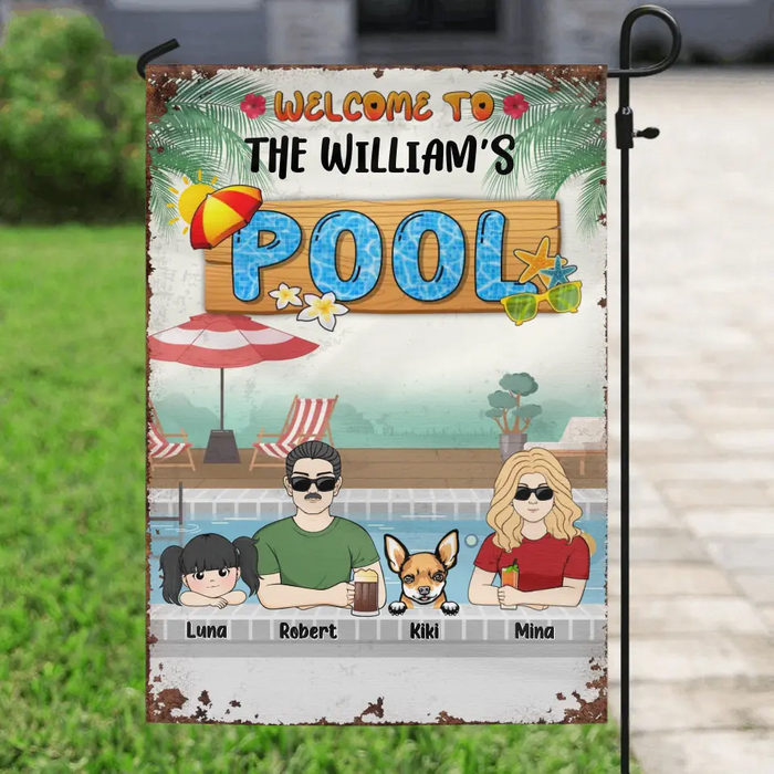 Personalized Family Flag Sign - Gift Idea For Family/Dog Lover - Up to 4 Kids - Welcome To The William's Pool