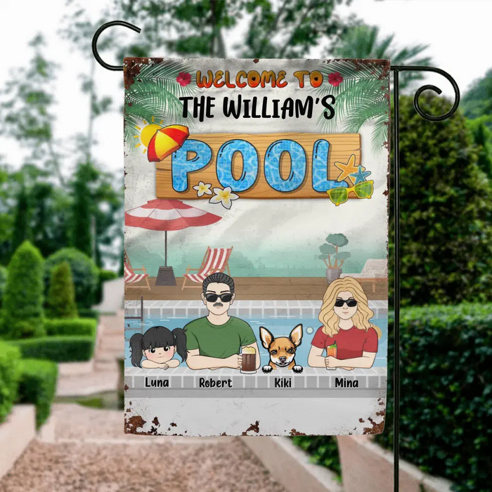 Personalized Family Flag Sign - Gift Idea For Family/Dog Lover - Up to 4 Kids - Welcome To The William's Pool