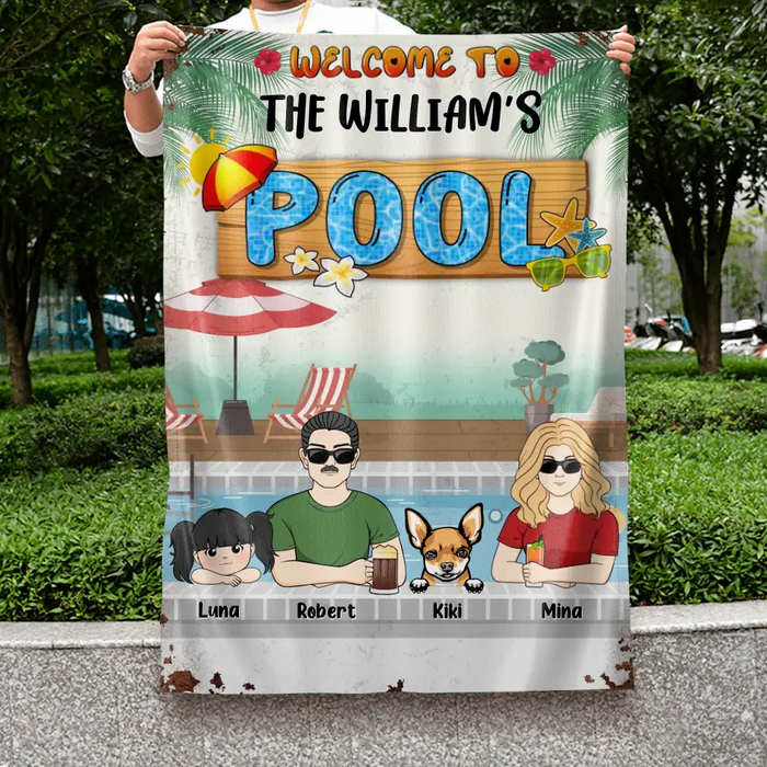Personalized Family Flag Sign - Gift Idea For Family/Dog Lover - Up to 4 Kids - Welcome To The William's Pool