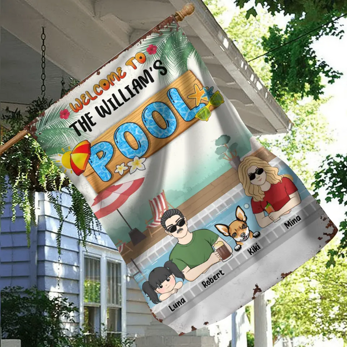 Personalized Family Flag Sign - Gift Idea For Family/Dog Lover - Up to 4 Kids - Welcome To The William's Pool