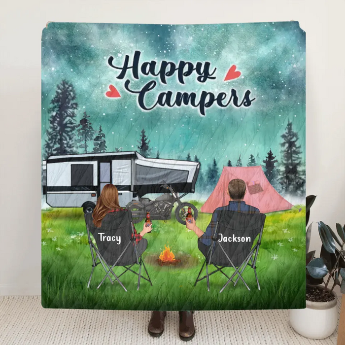 Personalized Camping Fleece Throw Blanket/Quilt - Gift Idea For Couple, Camping Lovers - Happy Campers