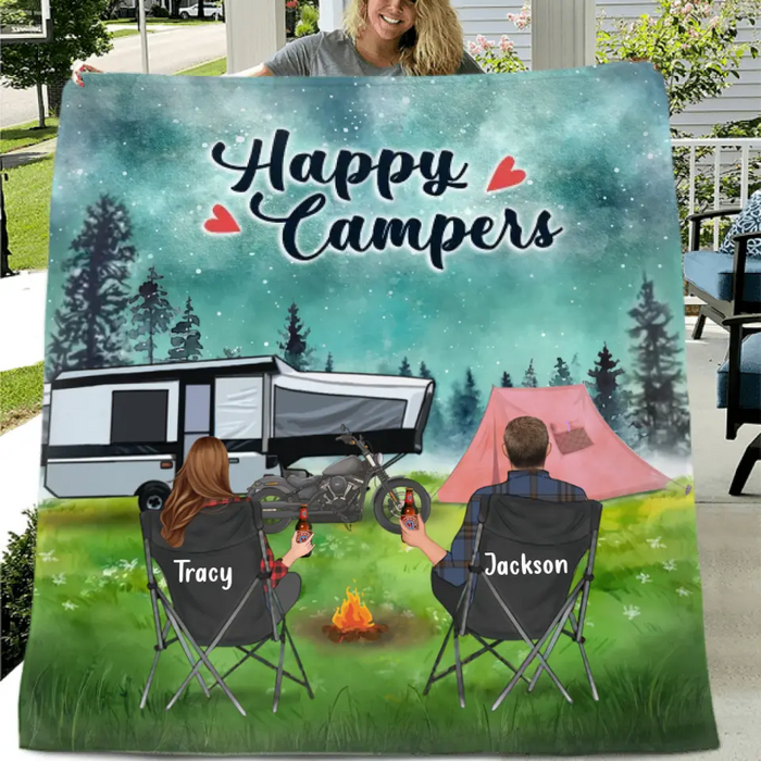 Personalized Camping Fleece Throw Blanket/Quilt - Gift Idea For Couple, Camping Lovers - Happy Campers