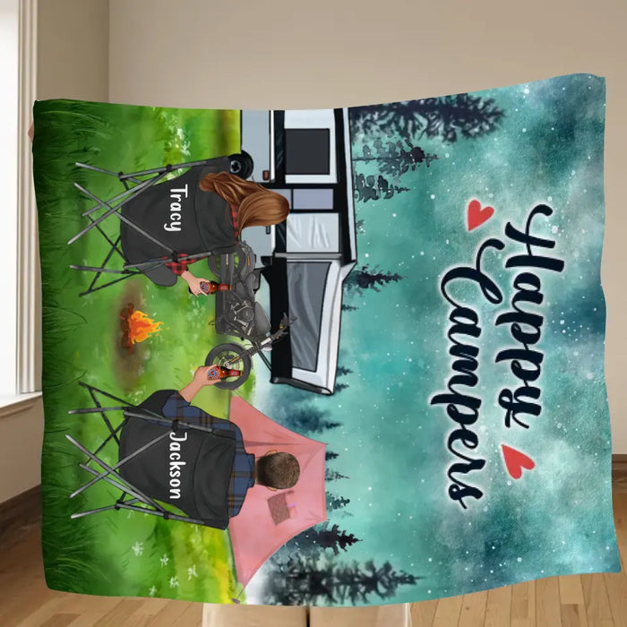 Personalized Camping Fleece Throw Blanket/Quilt - Gift Idea For Couple, Camping Lovers - Happy Campers