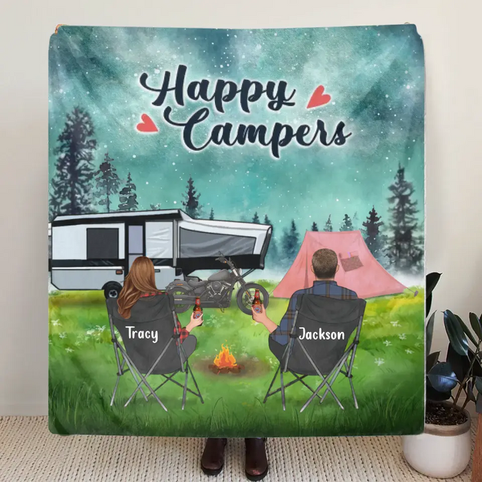 Personalized Camping Fleece Throw Blanket/Quilt - Gift Idea For Couple, Camping Lovers - Happy Campers