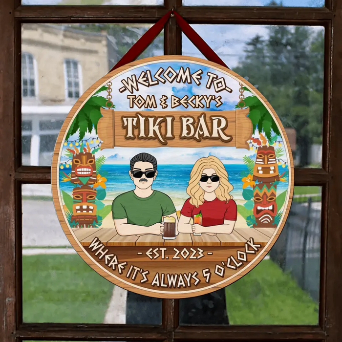 Personalized Couple Wooden Sign - Gift Idea for Couple - Welcome To Tiki Bar Where It's Always 5 O'Clock