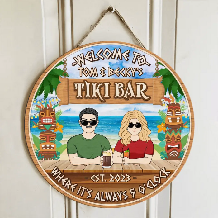 Personalized Couple Wooden Sign - Gift Idea for Couple - Welcome To Tiki Bar Where It's Always 5 O'Clock