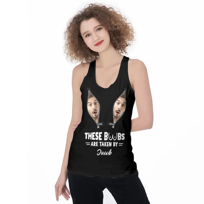 Personalized Funny Photo AOP Women's Racerback Tank Top - Funny Gift Idea for Couple/Her - These Boobs Are Taken By