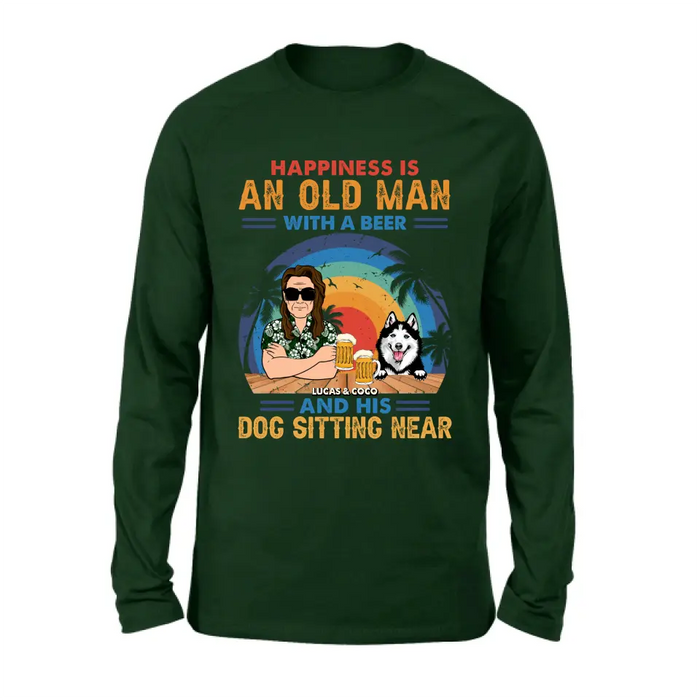 Personalized Dog Shirt/Hoodie - Gift Idea For Dog Lovers - Happiness Is An Old Man With A Beer And His Dog Sitting Near