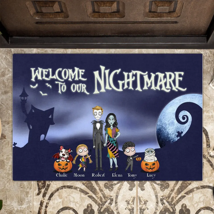 Personalized Horror Family Doormat - Couple With Up to 2 Kids And 3 Pets - Gift Idea For Family/Dog/Cat Lover - Welcome To Our Nightmare