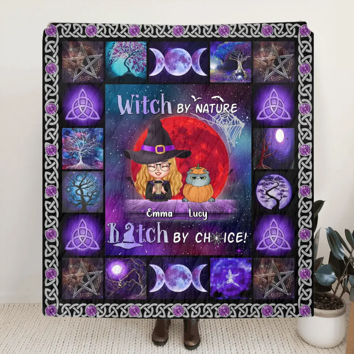 Personalized Witch Quilt/Fleece Throw Blanket - Up to 6 Cats/Dogs - Halloween Gift Idea For Cat/Dog Lovers - Witch By Nature Bitch By Choice