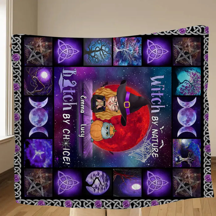 Personalized Witch Quilt/Fleece Throw Blanket - Up to 6 Cats/Dogs - Halloween Gift Idea For Cat/Dog Lovers - Witch By Nature Bitch By Choice
