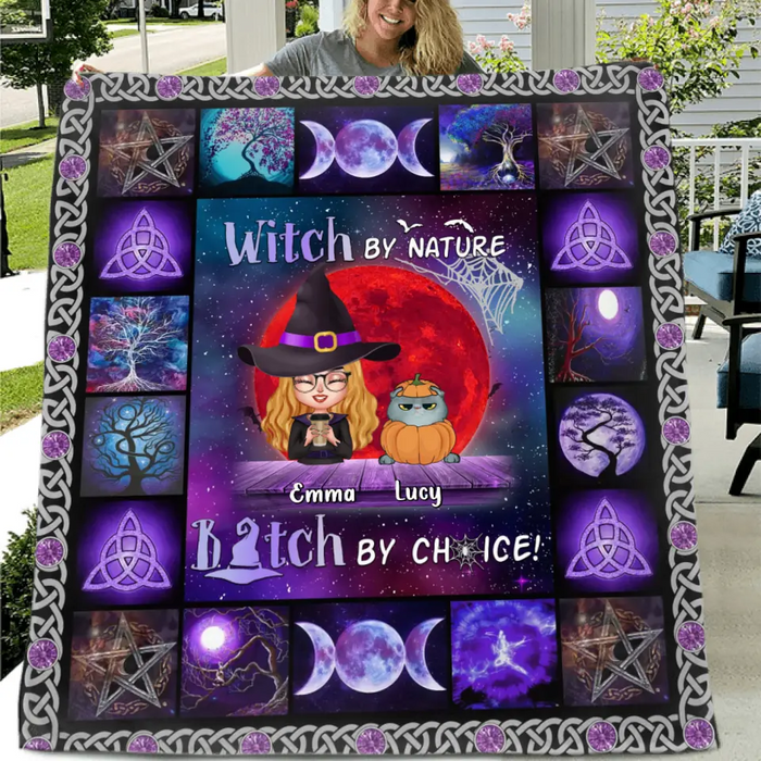 Personalized Witch Quilt/Fleece Throw Blanket - Up to 6 Cats/Dogs - Halloween Gift Idea For Cat/Dog Lovers - Witch By Nature Bitch By Choice