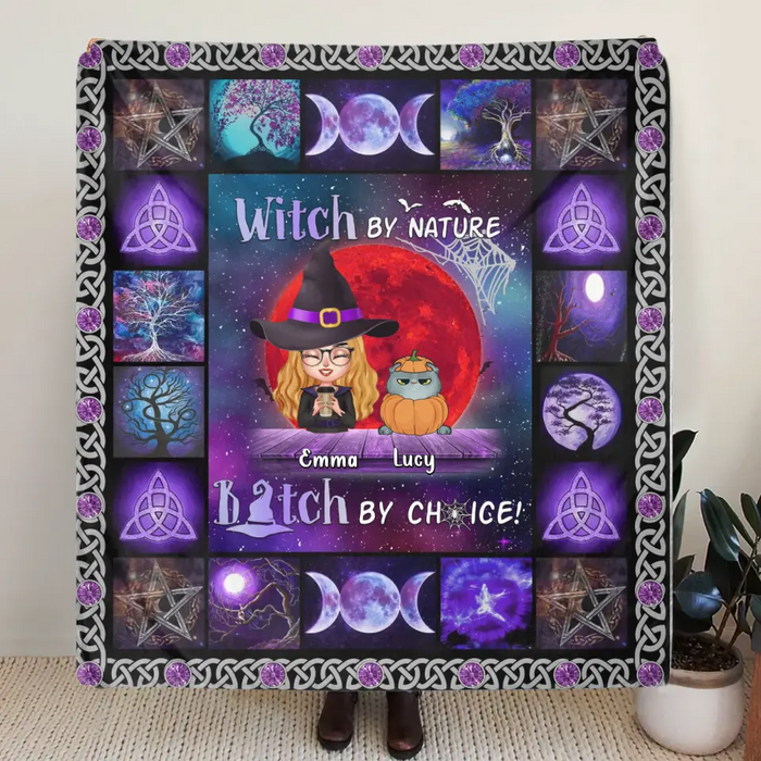 Personalized Witch Quilt/Fleece Throw Blanket - Up to 6 Cats/Dogs - Halloween Gift Idea For Cat/Dog Lovers - Witch By Nature Bitch By Choice