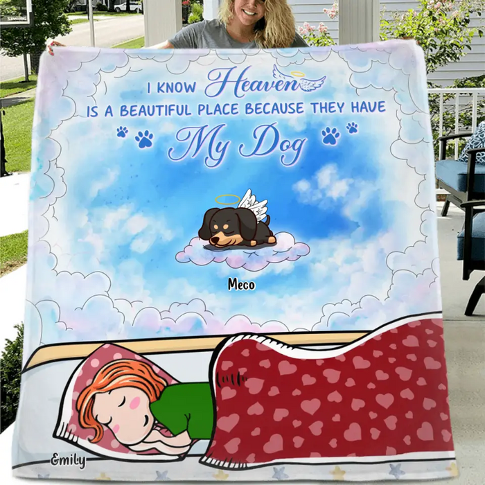 Personalized Pet Fleece Throw Blanket/Quilt/Pillow Cover - Adult/Couple With Up to 6 Pets - Memorial Gift Idea for Dog/Cat Owners - I Know Heaven Is A Beautiful Place Because They Have My Dog