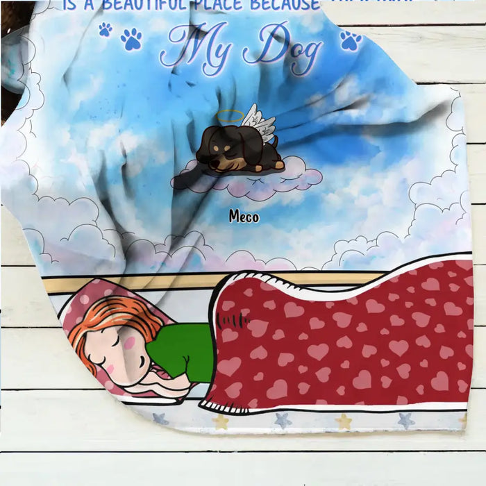 Personalized Pet Fleece Throw Blanket/Quilt/Pillow Cover - Adult/Couple With Up to 6 Pets - Memorial Gift Idea for Dog/Cat Owners - I Know Heaven Is A Beautiful Place Because They Have My Dog