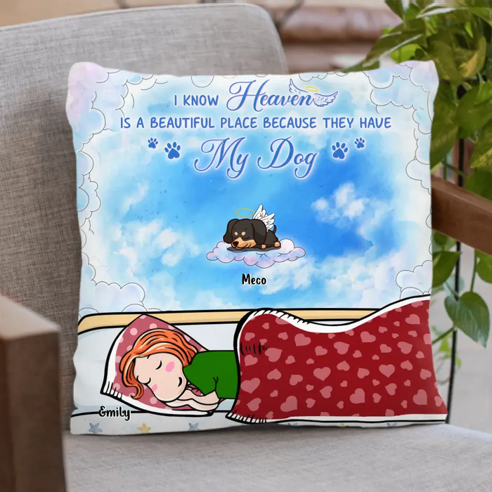 Personalized Pet Fleece Throw Blanket/Quilt/Pillow Cover - Adult/Couple With Up to 6 Pets - Memorial Gift Idea for Dog/Cat Owners - I Know Heaven Is A Beautiful Place Because They Have My Dog