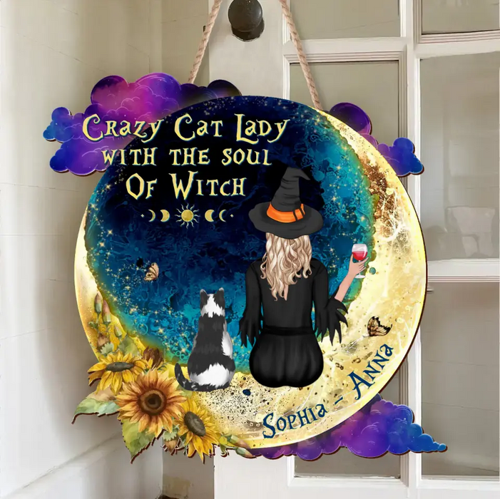 Personalized Cat Witch Wooden Sign - Gift Idea For Witch/Cat Lover - Up to 4 Cats - Crazy Cat Lady With The Soul Of Witch
